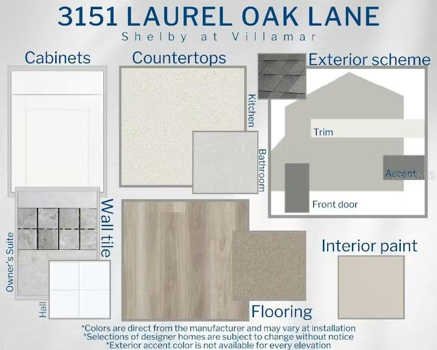 This design board displays interior and exterior finish selections for a new home construction project — 3151 LAUREL OAK LANE, WINTER HAVEN, FL