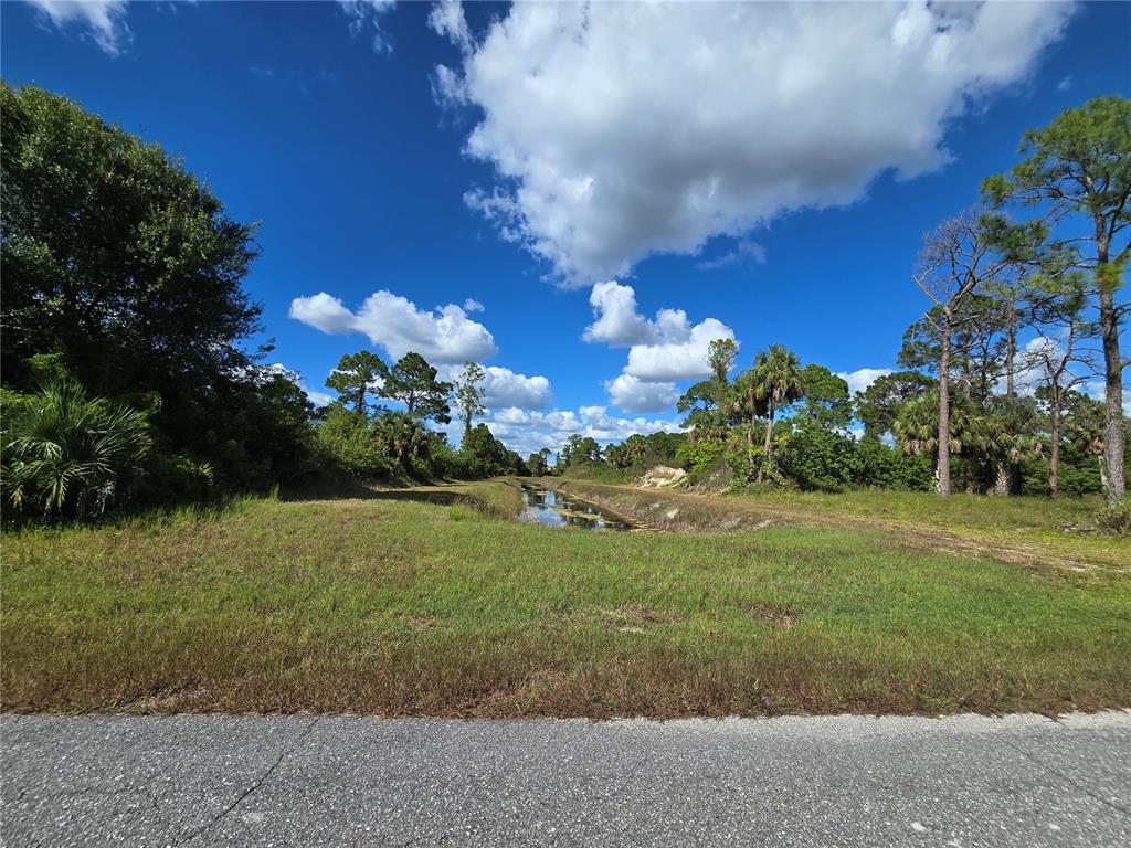 A grassy lot features a narrow canal extending toward trees under a blue sky — 421 WILDER AVENUE S, LEHIGH ACRES, FL