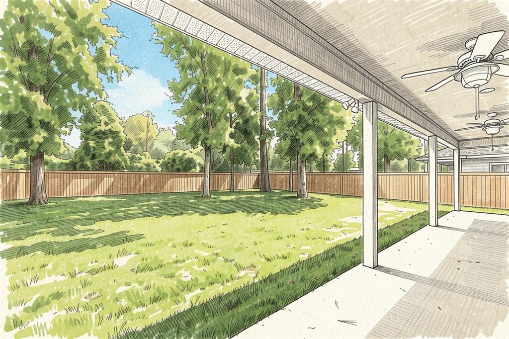 This is a rendering of a covered patio overlooking a grassy backyard with mature trees — 21038 SW 1ST PLACE, NEWBERRY, FL