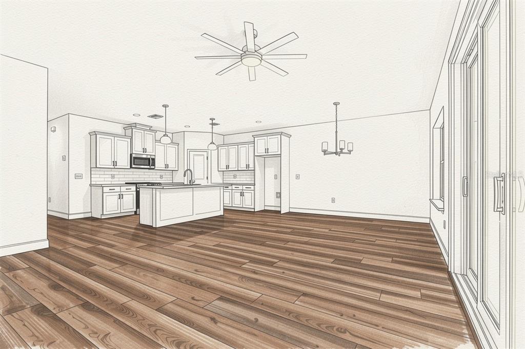 This is a digital rendering of an open-concept kitchen and dining area with wood flooring — 21038 SW 1ST PLACE, NEWBERRY, FL