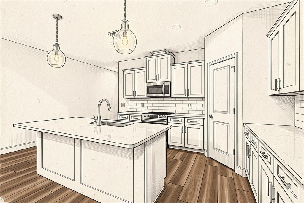 This is a digital rendering of a modern kitchen featuring white cabinets and a center island — 21038 SW 1ST PLACE, NEWBERRY, FL