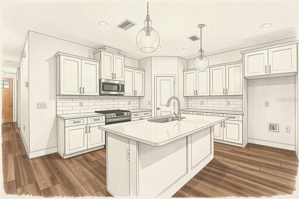 This is a digital rendering of a kitchen featuring white cabinets, an island, and wood flooring — 21038 SW 1ST PLACE, NEWBERRY, FL