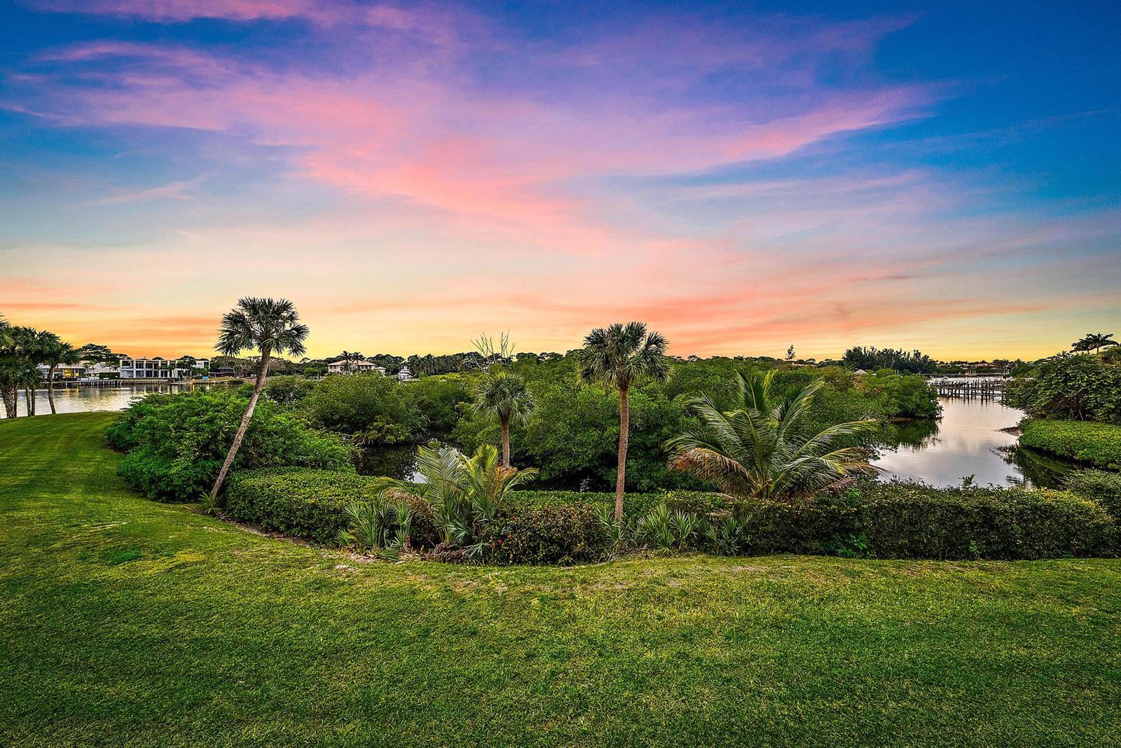 A grassy lawn overlooks a dense mangrove area with palm trees and a calm waterway — 1701 Marina Isle Way # 202, Jupiter FL 33477, JUPITER, FL