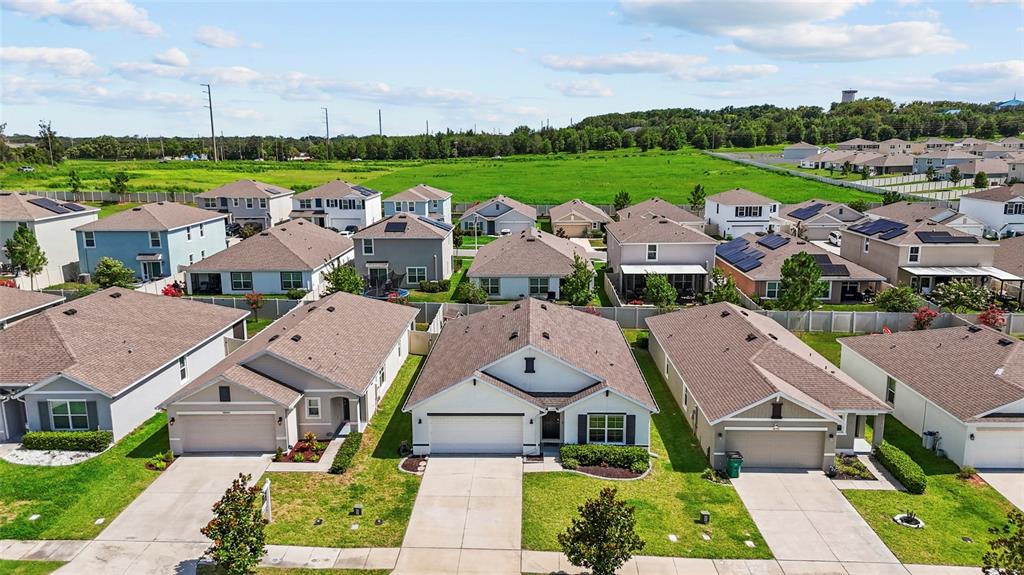 An aerial view of a suburban neighborhood featuring several single-family homes with driveways and lawns — 38386 SONNET LANDING AVENUE, ZEPHYRHILLS, FL