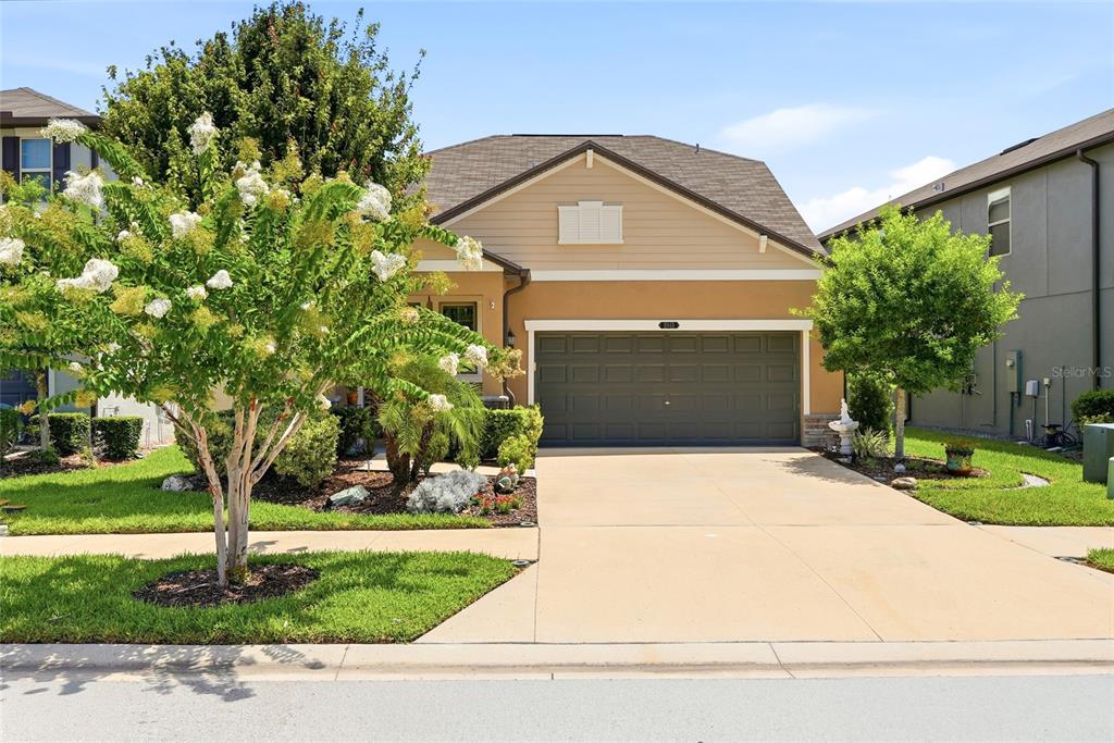 A single-story house with a tan exterior, a two-car garage, and a front yard — 8948 FLOURISH DRIVE, LAND O LAKES, FL