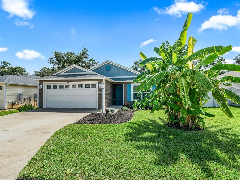 A single-story house with a white garage door, blue siding, and a large banana tree — 4438 CAMEO CIRCLE, THE VILLAGES, FL