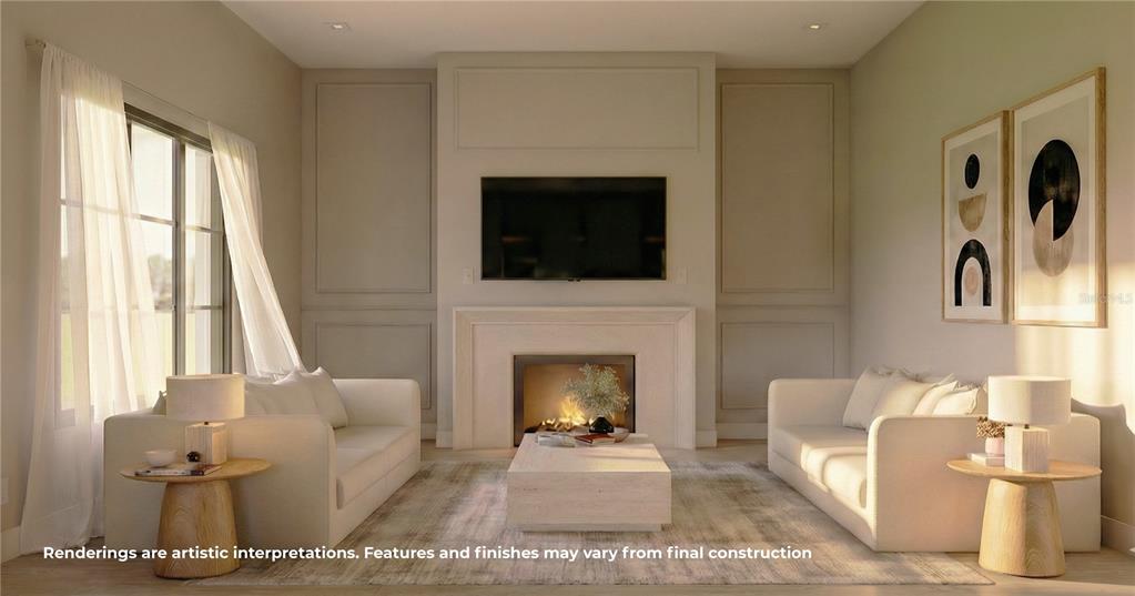 This rendering shows a living room with a fireplace, television, two sofas, and side tables — 833 PARK LAKE COURT, ORLANDO, FL