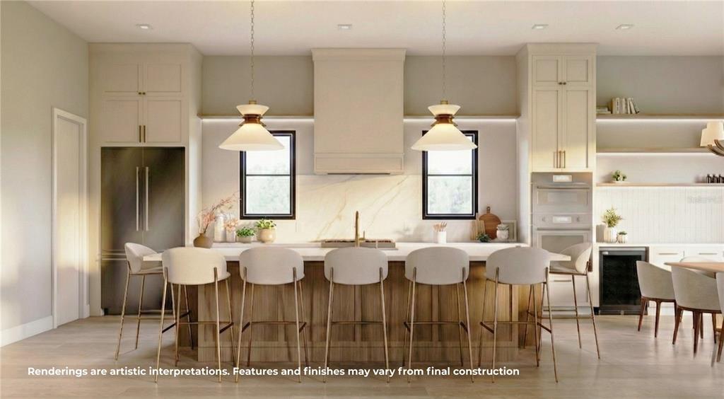 This rendering shows a modern kitchen with a large wooden island and six bar stools — 833 PARK LAKE COURT, ORLANDO, FL