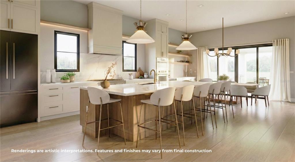 This rendering shows a modern kitchen with a large wooden island, white cabinetry, and stools — 833 PARK LAKE COURT, ORLANDO, FL