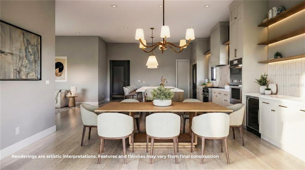 This rendering shows a modern dining area and kitchen with light wood floors and cabinetry — 833 PARK LAKE COURT, ORLANDO, FL
