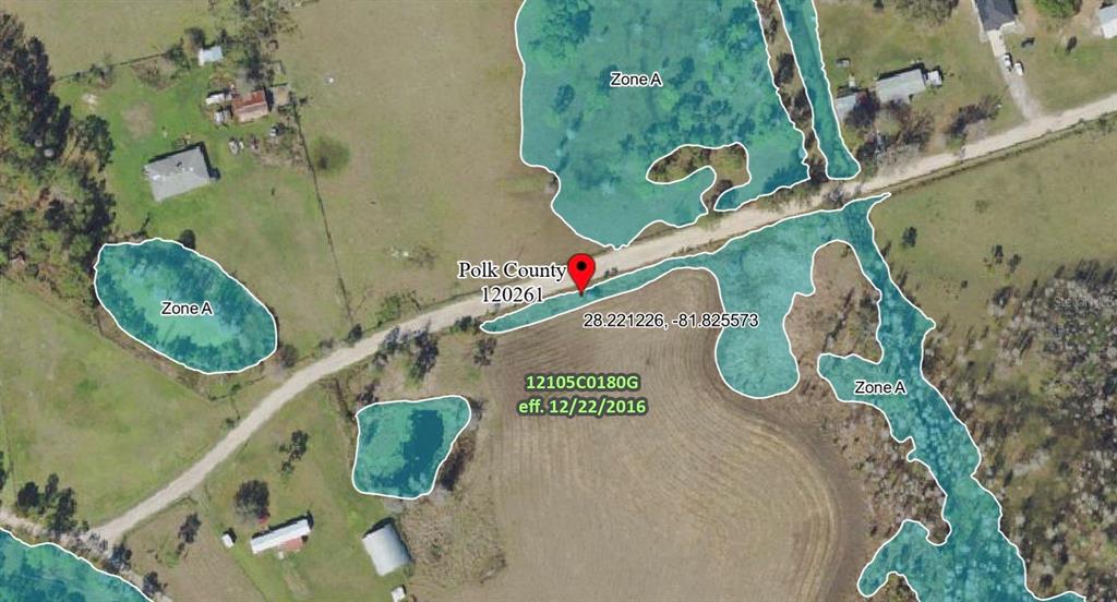 This is a flood zone map showing designated Zone A areas over a rural property — POLK CITY, POLK CITY, FL