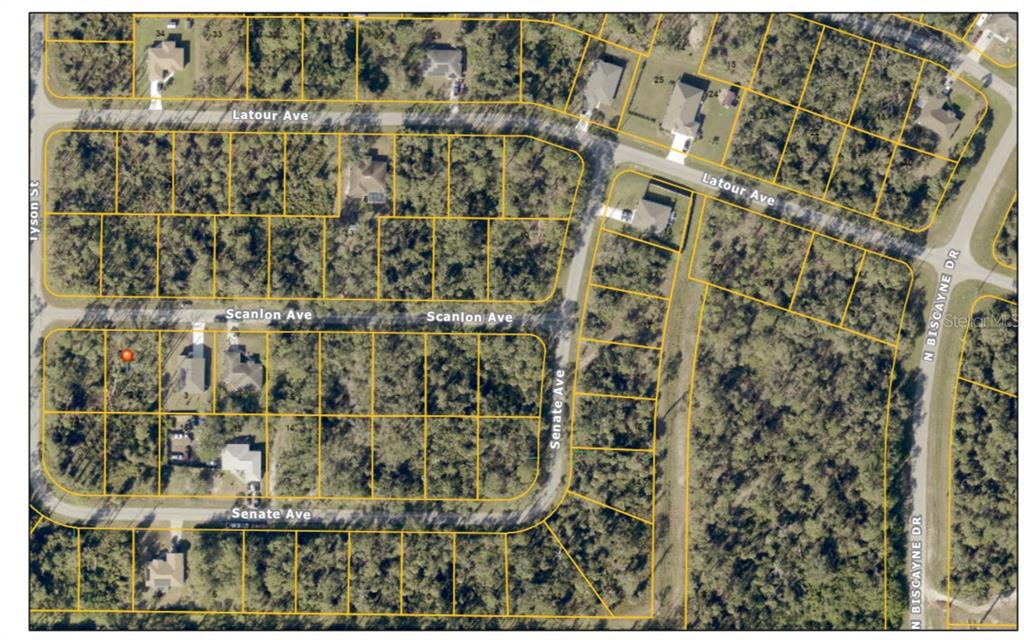 This is an aerial map view of a residential neighborhood with undeveloped wooded lots — SCANLON AVENUE, NORTH PORT, FL