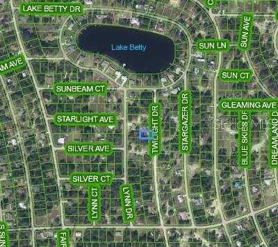 This is an aerial map showing a residential neighborhood and a highlighted property lot — 648 TWILIGHT DRIVE, LAKE PLACID, FL