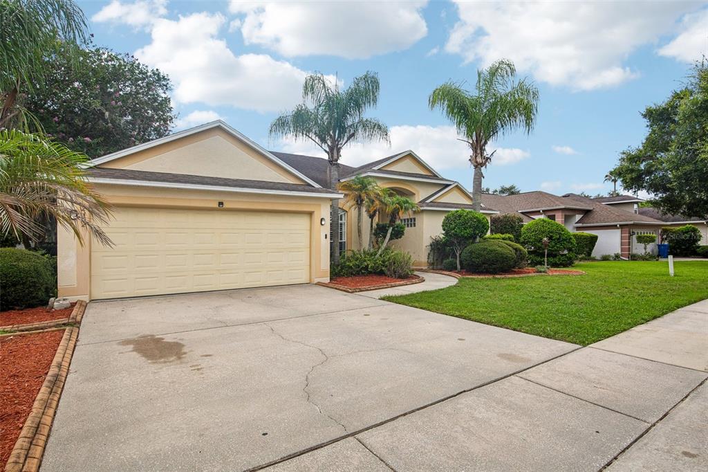 A single-story house with a beige stucco exterior, a two-car garage, and two palm trees — 2302 TOWERING OAKS CIRCLE, SEFFNER, FL