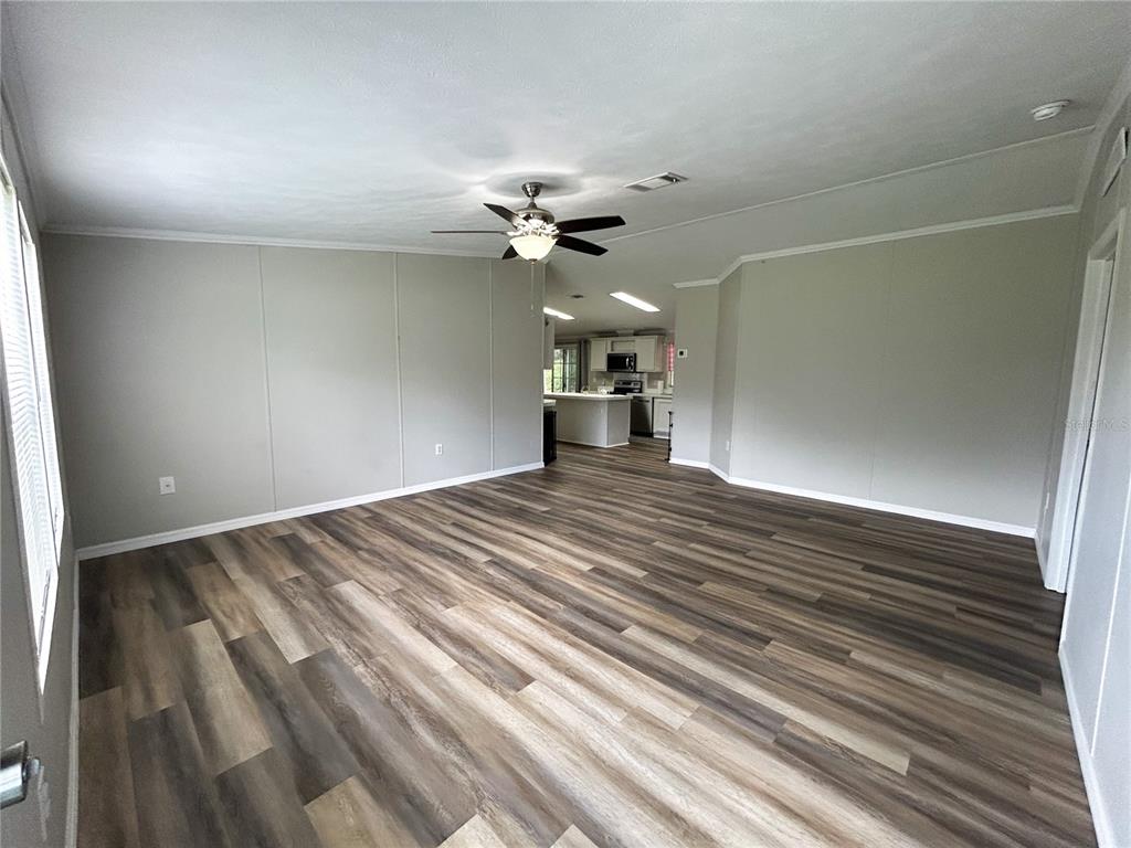 A spacious living room features light gray walls, wood-look flooring, and a ceiling fan — 11922 NW 197TH TER, ALACHUA, FL