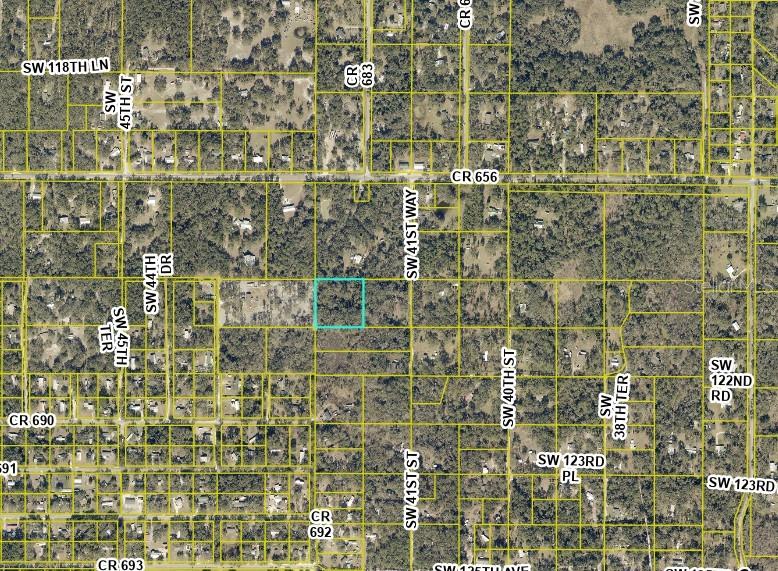 This is an aerial map showing a highlighted rectangular land parcel surrounded by wooded lots — 12146 SW 41ST WAY, WEBSTER, FL