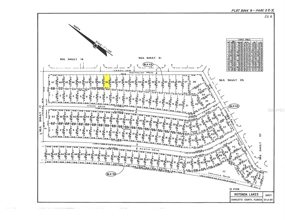 This is a land plat map showing numbered lots, streets, and a curve table — 207 AUSTRALIAN DRIVE, ROTONDA WEST, FL