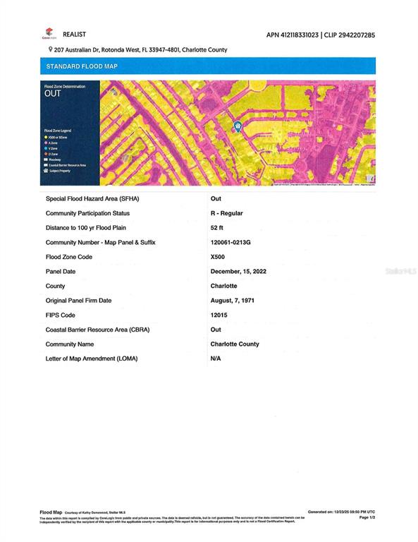 This is a flood map showing the property location and its designated flood zone code — 207 AUSTRALIAN DRIVE, ROTONDA WEST, FL