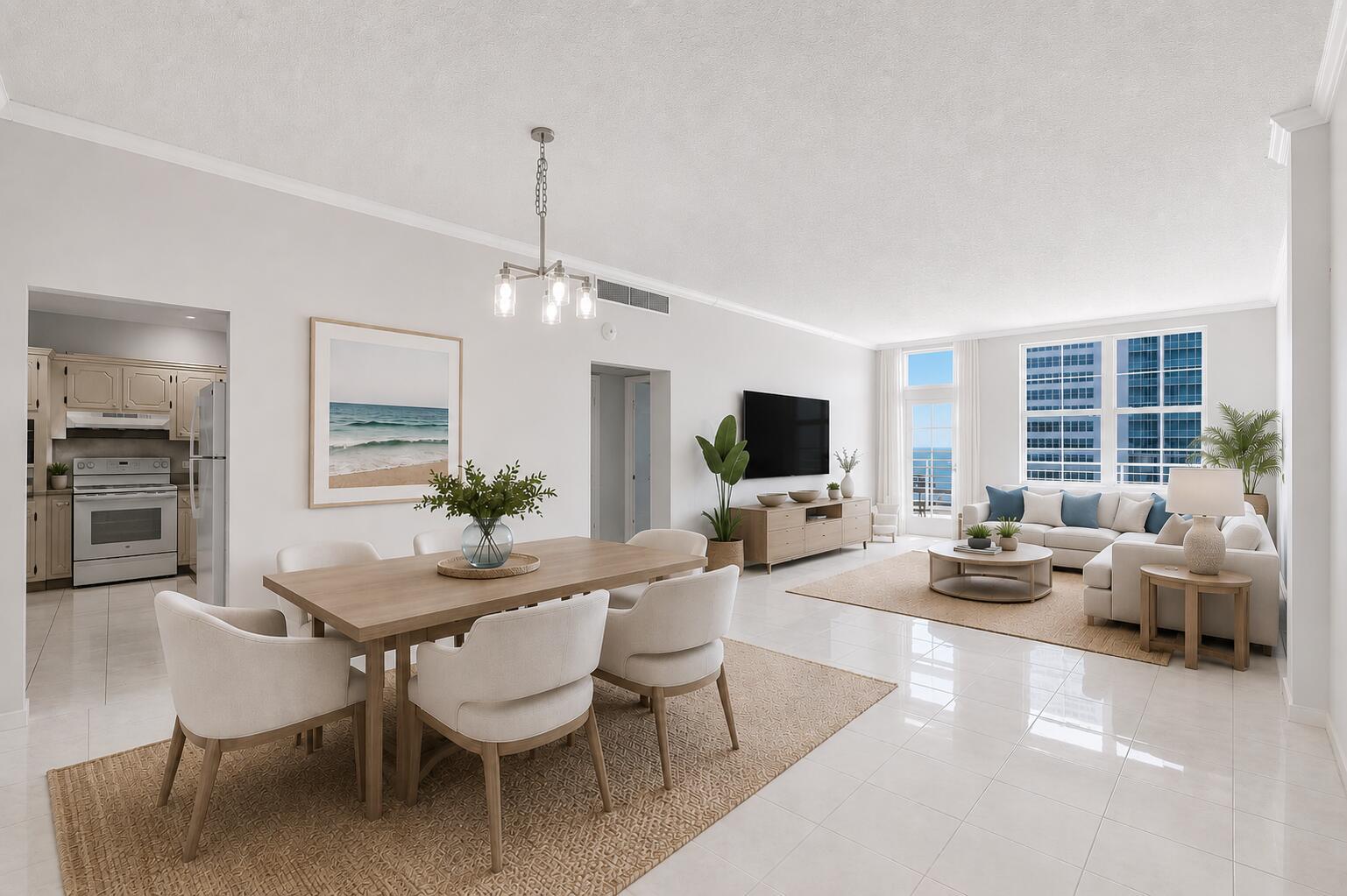 An open-concept living and dining area features light tile floors, neutral furniture, and ocean views — 2851 S Ocean Boulevard, Boca Raton FL 33432, BOCA RATON, FL