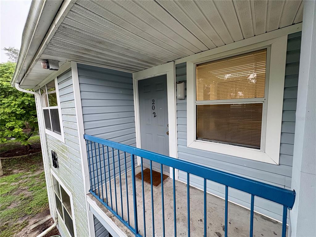 An exterior view of a second-story balcony with a blue door numbered 202 — 5038 TERRACE PALMS CIRCLE UNIT 202, TAMPA, FL