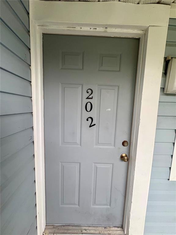 A grey exterior door with the number 202 mounted on it — 5038 TERRACE PALMS CIRCLE UNIT 202, TAMPA, FL