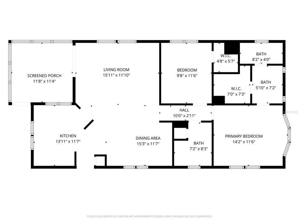 This is a floor plan for a two-bedroom, three-bathroom home with a screened porch — 2100 KINGS HIGHWAY UNIT 653, PORT CHARLOTTE, FL