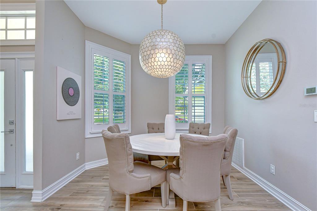 A dining room features a round white table, six upholstered chairs, and a spherical pendant light — 3530 FOX SQUIRREL LANE, VALRICO, FL
