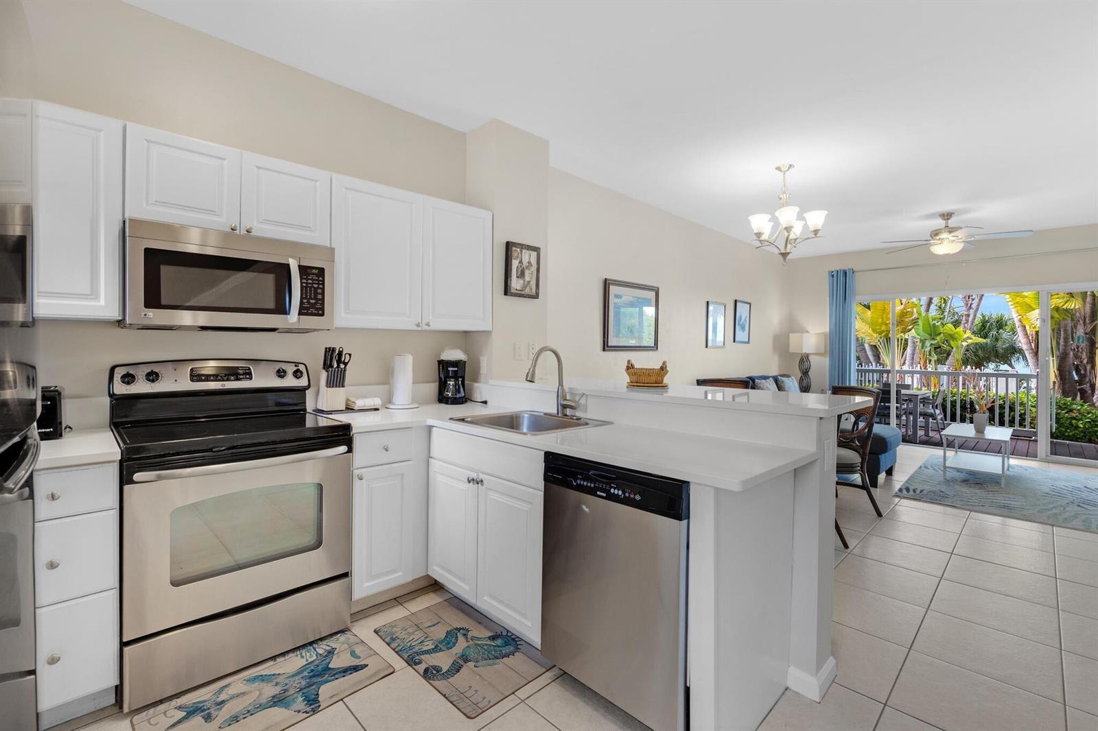A kitchen with white cabinets, stainless steel appliances, and a view of a patio — 5081 Sunset Village Drive, FL 33050, FL