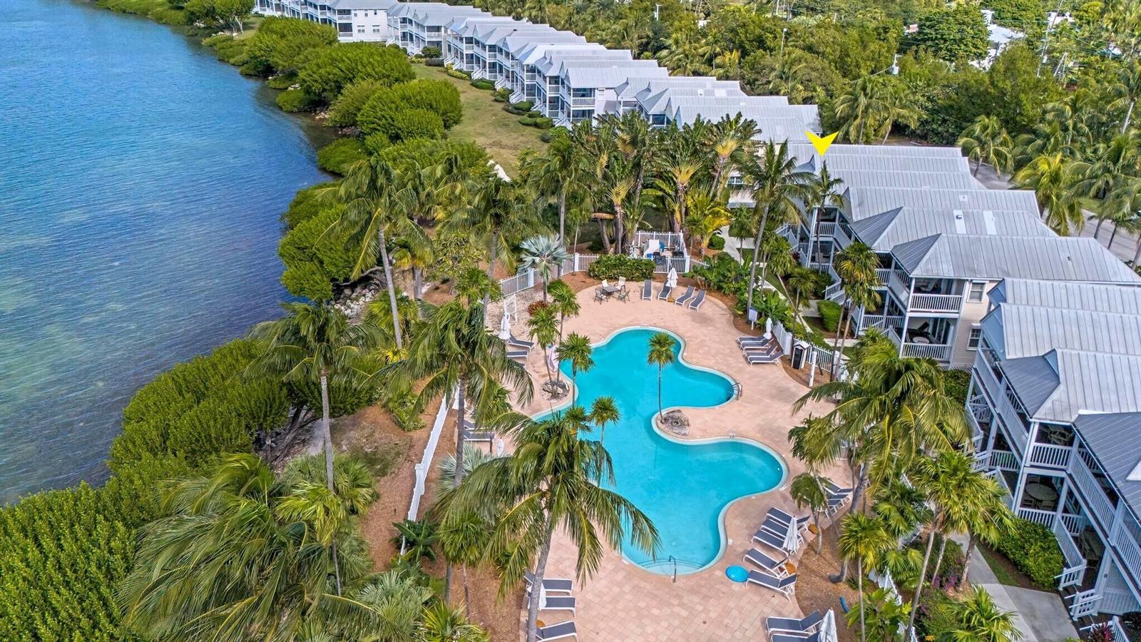 Aerial view of a waterfront resort featuring a swimming pool surrounded by palm trees — 5081 Sunset Village Drive, FL 33050, FL