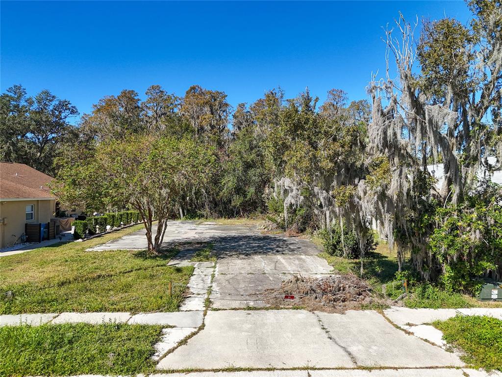 A vacant residential lot features a concrete slab foundation surrounded by trees and grass — 1323 BAYTHORN DRIVE, WESLEY CHAPEL, FL
