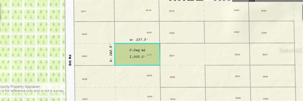 This is a map showing a rectangular parcel of land highlighted in light green — DILL ROAD, ORLANDO, FL