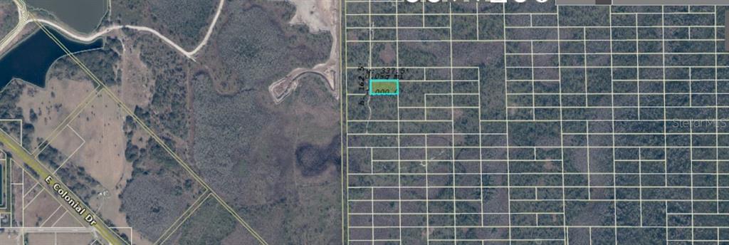 An aerial map shows a rectangular parcel of land highlighted in blue within a grid — DILL ROAD, ORLANDO, FL