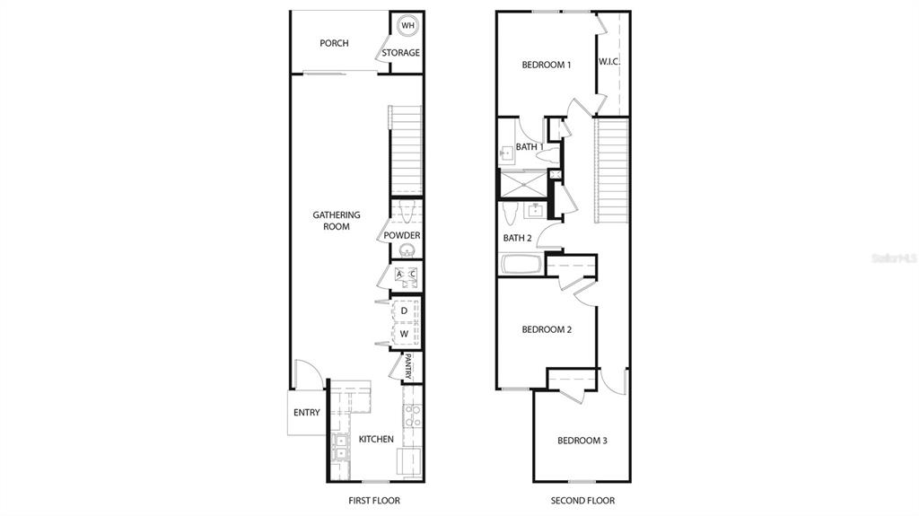 This is a floor plan showing the first and second levels of a townhome — 257 PALMETTO RIDGE ROAD, ST AUGUSTINE, FL