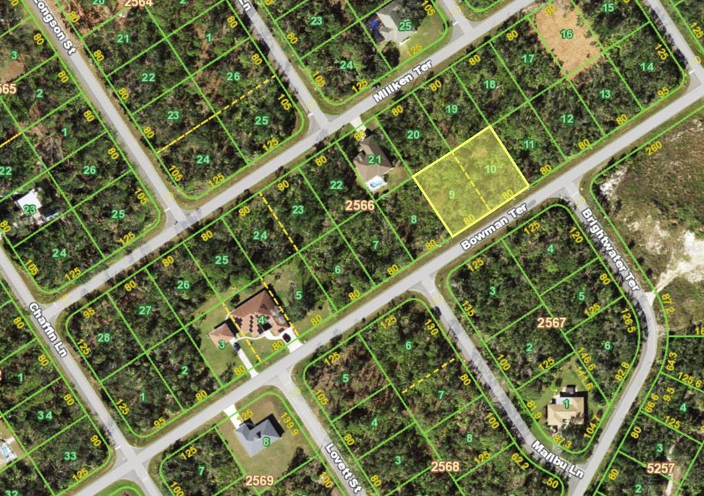 This is a satellite map showing residential lots and street layouts in a neighborhood — 1173 BOWMAN TERRACE, PORT CHARLOTTE, FL