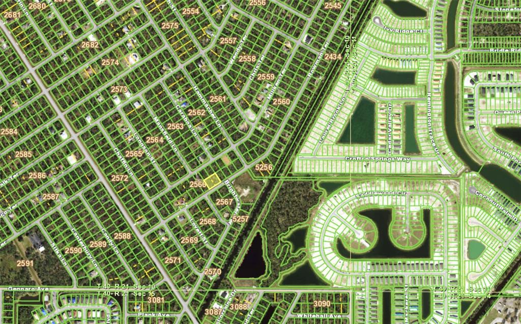 This is a satellite map view showing residential streets, housing lots, and surrounding green spaces — 1173 BOWMAN TERRACE, PORT CHARLOTTE, FL