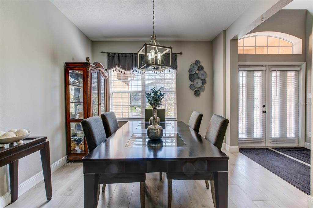 A dining room features a dark wood table, six chairs, a china cabinet, and chandelier — 1551 AMARYLLIS CIRCLE, ORLANDO, FL