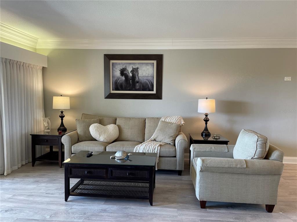 A living room features a beige sofa, matching armchair, dark wood coffee table, and horse artwork — 36750 US HIGHWAY 19 N UNIT 14-211, PALM HARBOR, FL