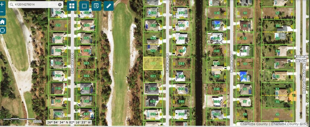 This is a satellite map view of residential lots and a golf course in Florida — 230 FAIRWAY ROAD, ROTONDA WEST, FL