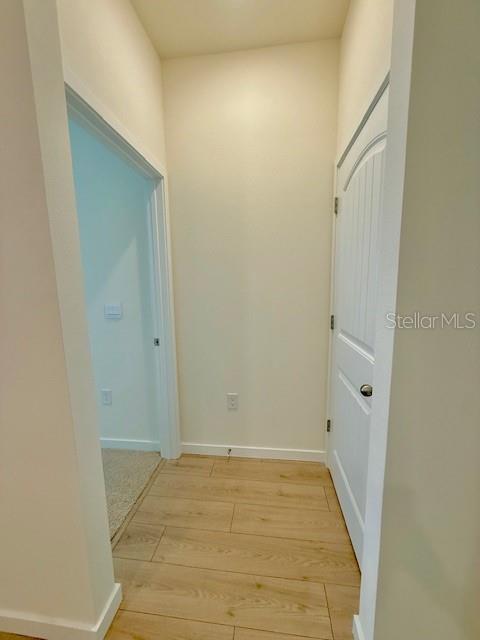 A hallway with light wood-look flooring leads to an open doorway and a closed door — 16827 HOBE SOUND COURT, WINTER GARDEN, FL