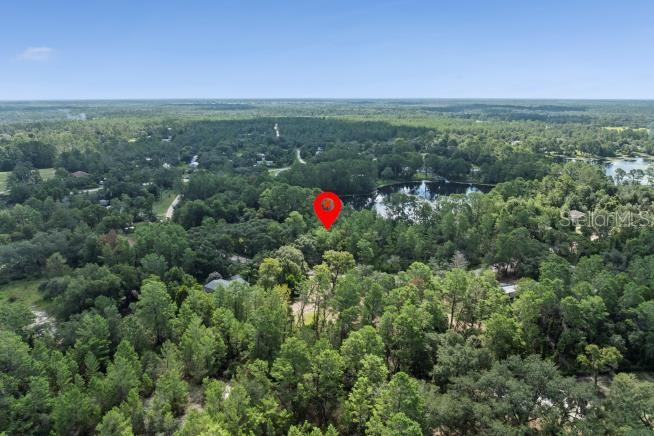 An aerial view shows a wooded lot with a red location pin near a lake — PINE VALLEY DRIVE, PAISLEY, FL
