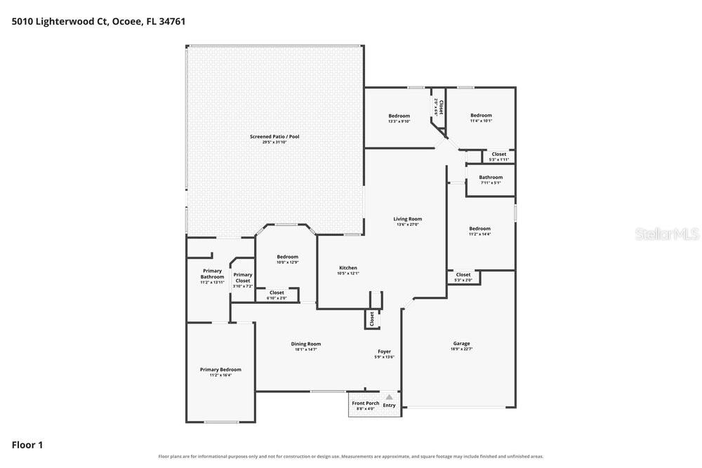 This is a floor plan for a single-story house with a screened patio and pool — 5010 LIGHTERWOOD COURT, OCOEE, FL