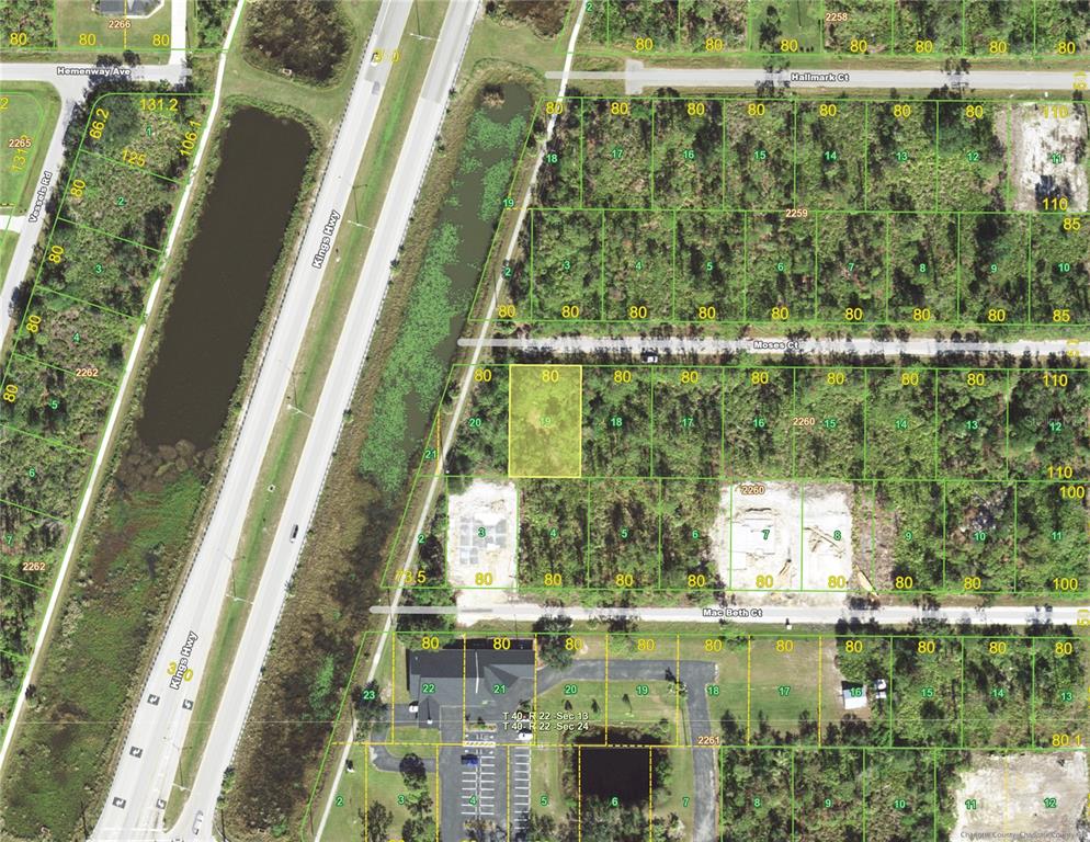 This is a satellite map showing residential lots and roads in a wooded area — 23467 MOSES COURT, PORT CHARLOTTE, FL