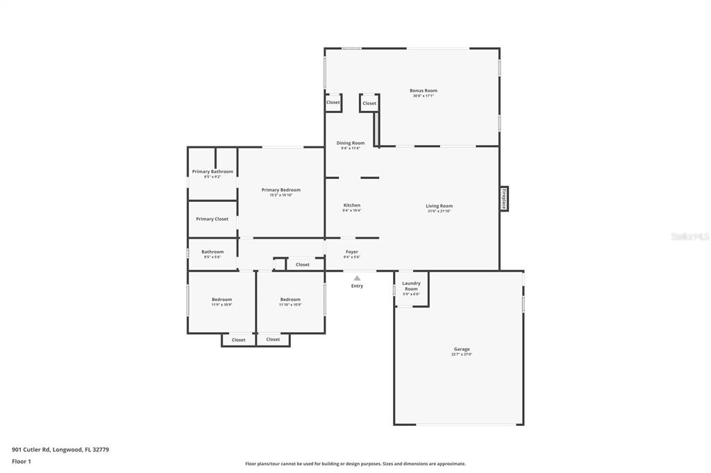 This is a floor plan for a single-story house with a garage and bonus room — 901 CUTLER ROAD, LONGWOOD, FL