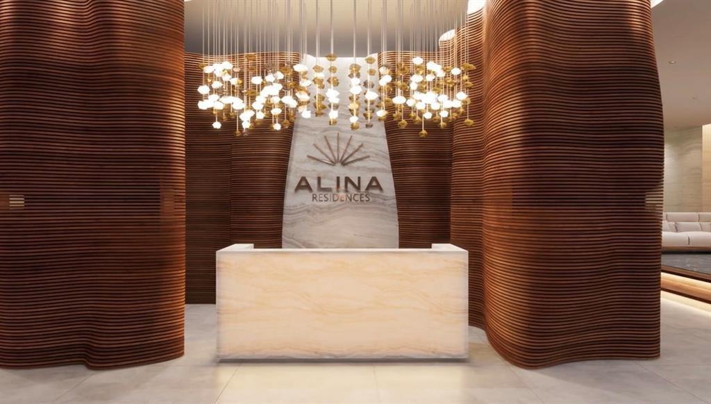 This rendering shows a modern lobby with a stone reception desk and curved wood-slatted walls — 220 Mizner Boulevard # 617, Boca Raton FL 33432, BOCA RATON, FL