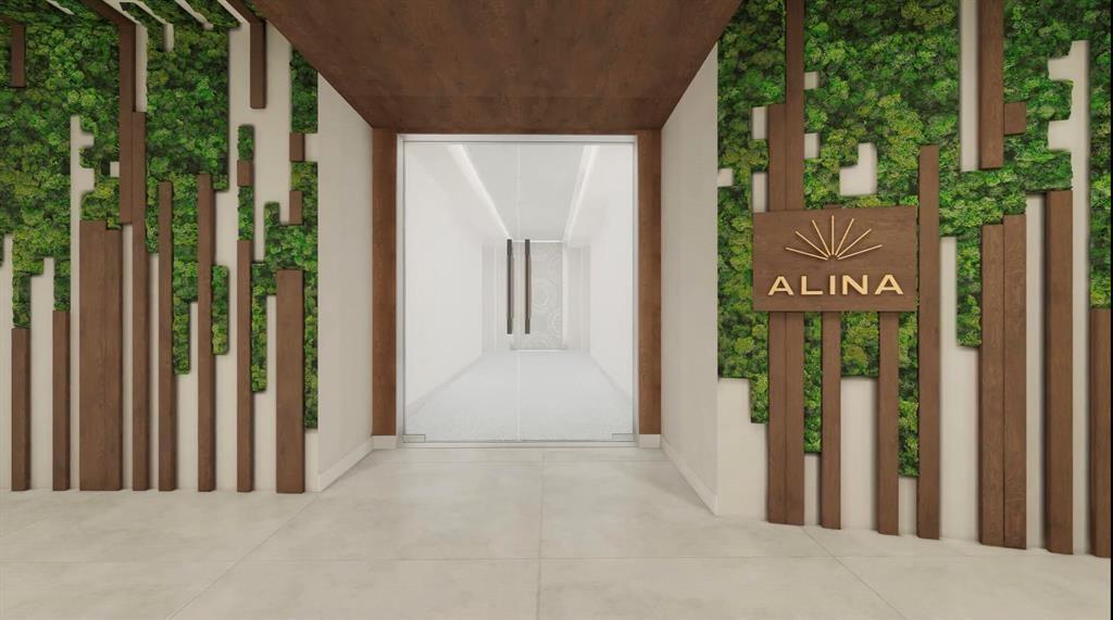 This rendering shows a modern entryway with wood paneling, preserved moss accents, and glass doors — 220 Mizner Boulevard # 617, Boca Raton FL 33432, BOCA RATON, FL