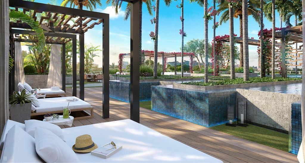 This rendering shows a luxury rooftop terrace with lounge beds, a pool, and palm trees — 220 Mizner Boulevard # 617, Boca Raton FL 33432, BOCA RATON, FL