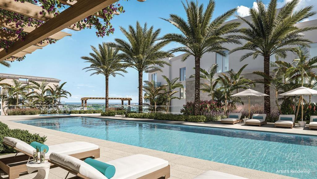 This artist's rendering shows a swimming pool surrounded by lounge chairs and palm trees — 220 Mizner Boulevard # 617, Boca Raton FL 33432, BOCA RATON, FL