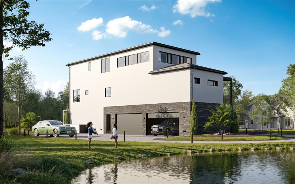 This architectural rendering shows a modern multi-story house with a stone base and attached garage — 7845 MARSH POINTE DRIVE, TAMPA, FL