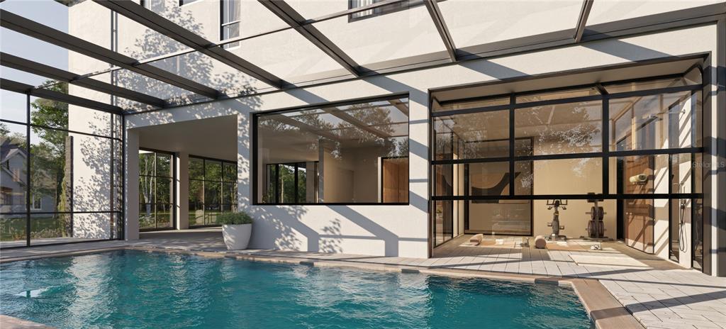 This is a rendering of a swimming pool adjacent to a home gym with glass walls — 7845 MARSH POINTE DRIVE, TAMPA, FL