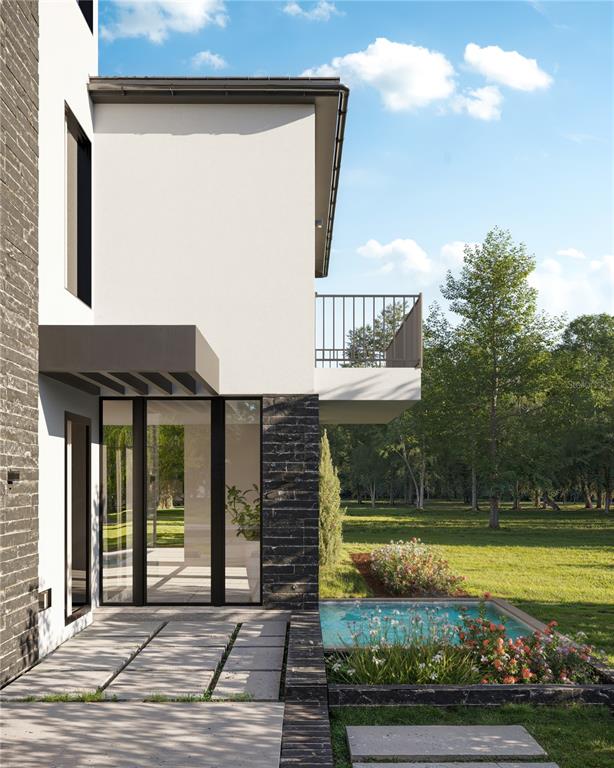 This architectural rendering shows a modern home exterior with a stone facade, balcony, and pool — 7845 MARSH POINTE DRIVE, TAMPA, FL